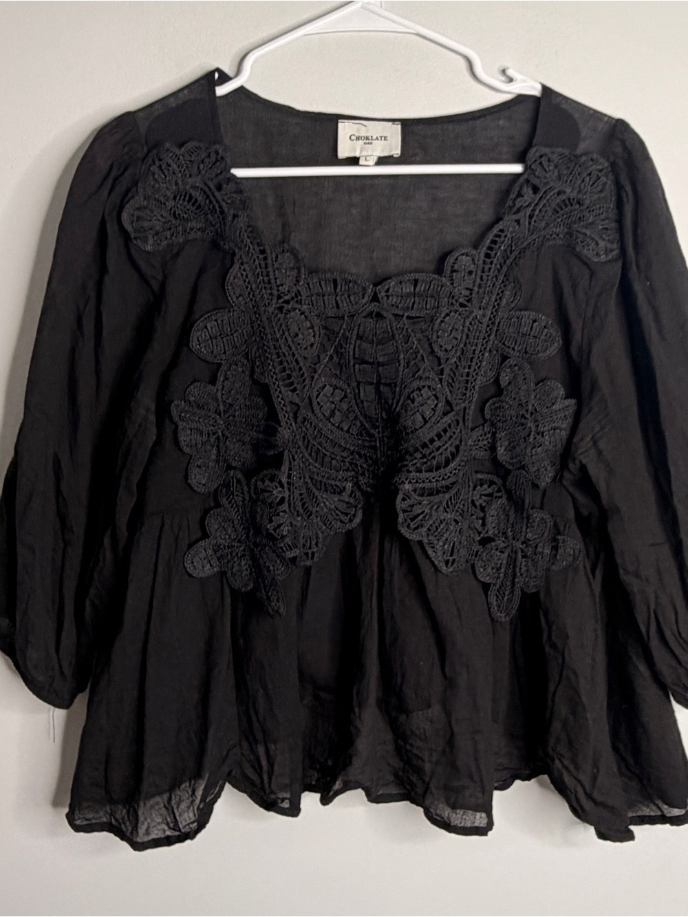 CHOKLATE Paris Black Crochet-Detail Peasant Top Large 100% Cotton